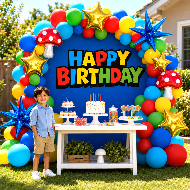 Party Games Mario - Super Bors videogame-geïnspireerde ballonnenboogboeket, rode paddenstoel,