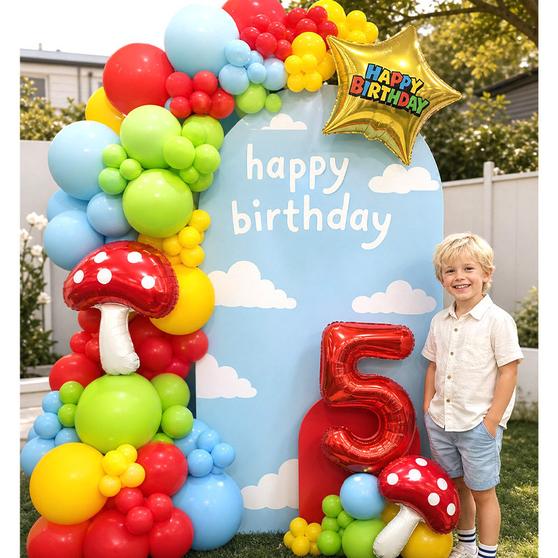 Party Games Mario - Super Bors videogame-geïnspireerde ballonnenboogboeket, rode paddenstoel,